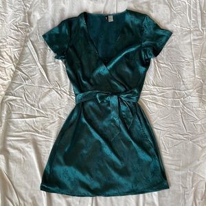 Emerald green floral satin wrap dress from H&M